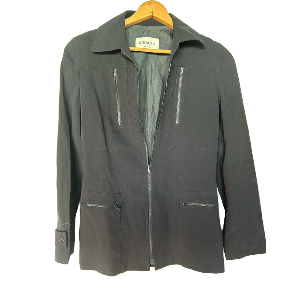 Iceberg Italy Navy Wool Blend Zip Jacket Dark Academia Old Money EU 40 US 4/6
